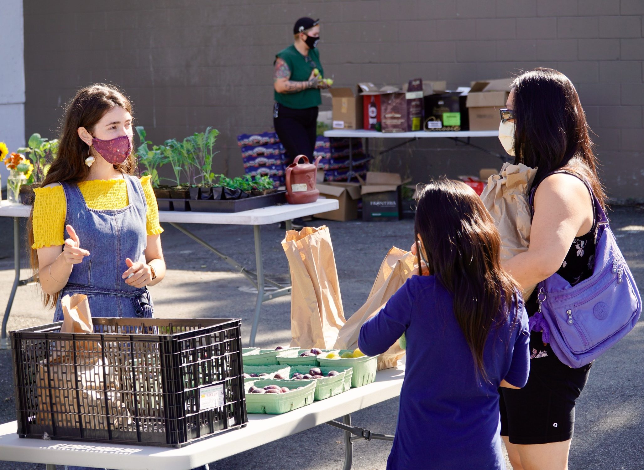 A volunteer in a yellow shirt talks with two visitors at an outdoor produce table stocked with seedlings, paper bags and small containers of food.
